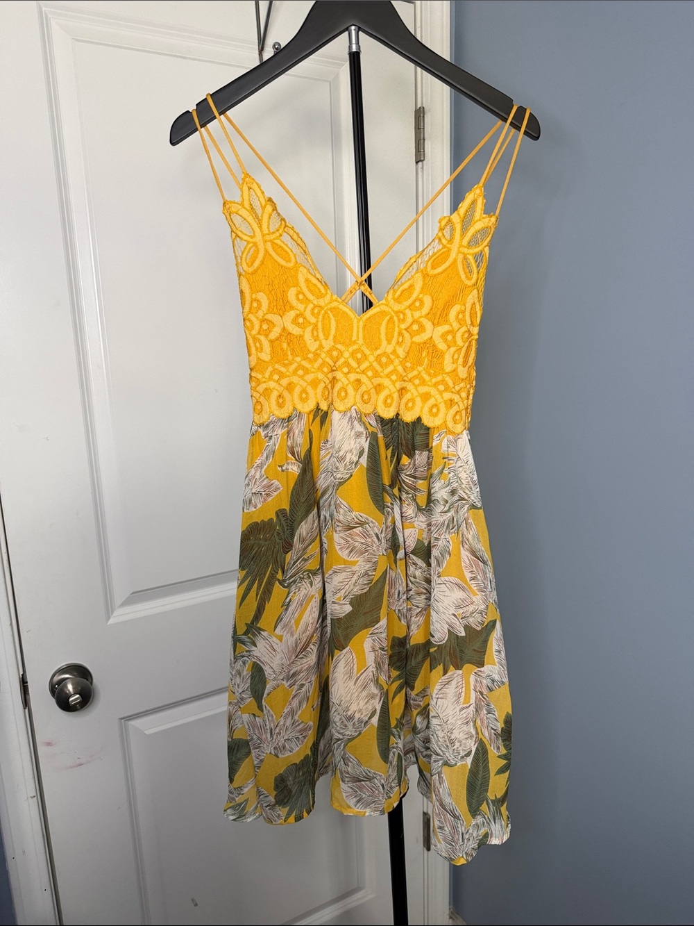 Hummingbird Yellow Lace Bodice Floral Mini Dress